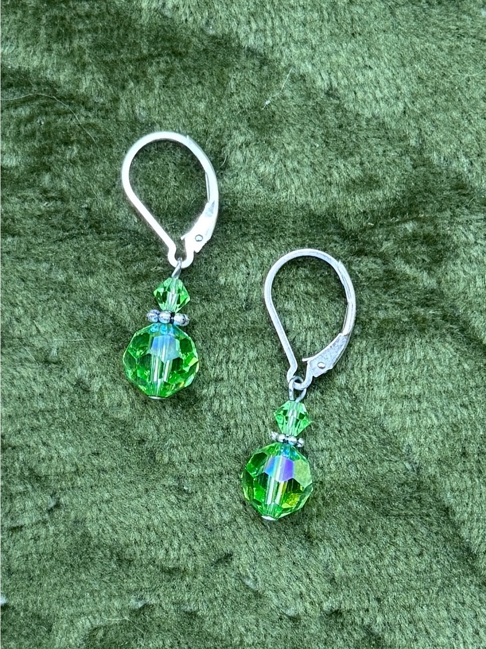Sterling Silver Green Aurora Borealis Crystal Drop Leverback Earrings